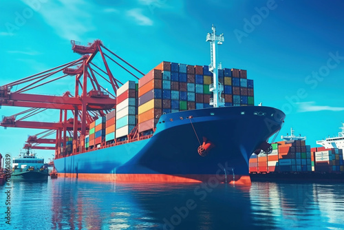 Transportation logistics and container dock cargo yard with cargo shipment working crane bridge in shipyard with transport logistic import export with twilight sky background. Generative AI