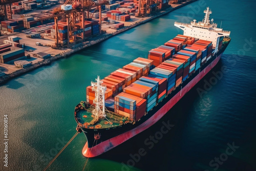 Aerial veaw a Large container ship is leaving the port full loaded with containers and cargo. Generative AI photo