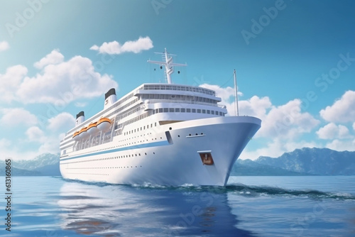 White cruise liner moving to the sea at cloudy day Generative AI