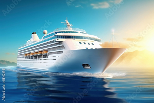 White cruise liner moving to the sea at cloudy day Generative AI