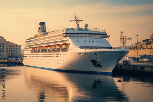 Cruise ship at sunrise in the port of Las Palmas de Gran Canaria, Canary Islands, Spain Generative AI