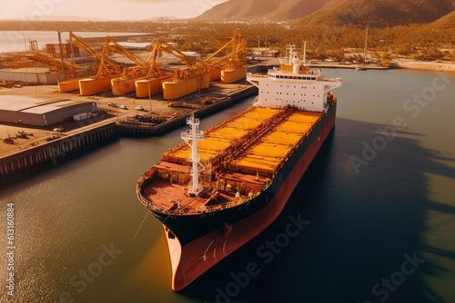 Black Sea Grain Initiative 2023 grain Deal. Port cranes loading of grain on a bulk carrier at sunny day. Panoramic shot made by drone Generative AI