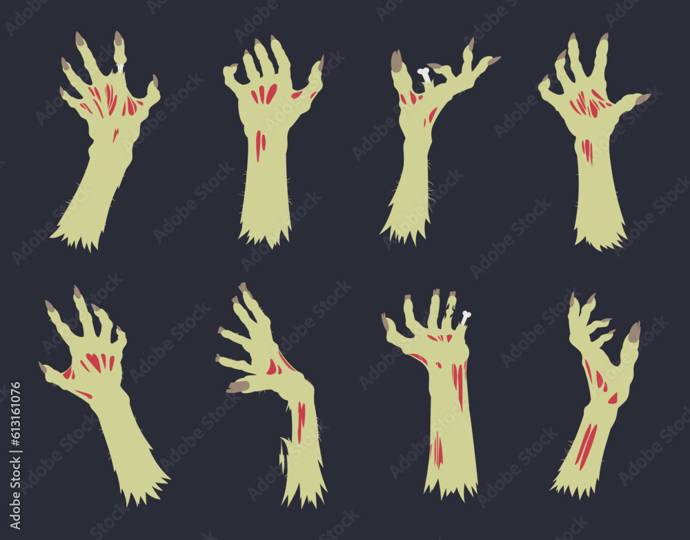 Zombie arm set. Halloween monsters bony hands, living dead creepy