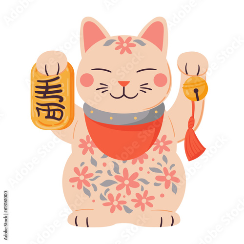 Oriental fortune cat. Cartoon maneki neko cat, lucky asian traditional toy flat vector illustration