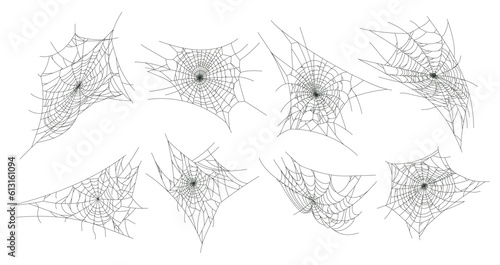 Spider web. Halloween spooky cobweb, horror halloween decor flat vector illustration set. Scary halloween spider cobwebs