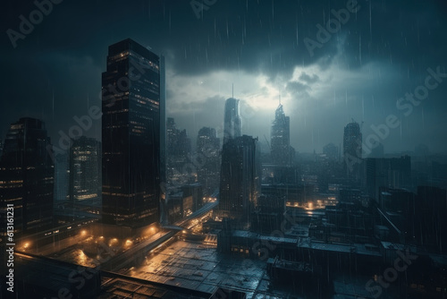 Big city in the rain, skyscrapers. City of the future. AI generative.