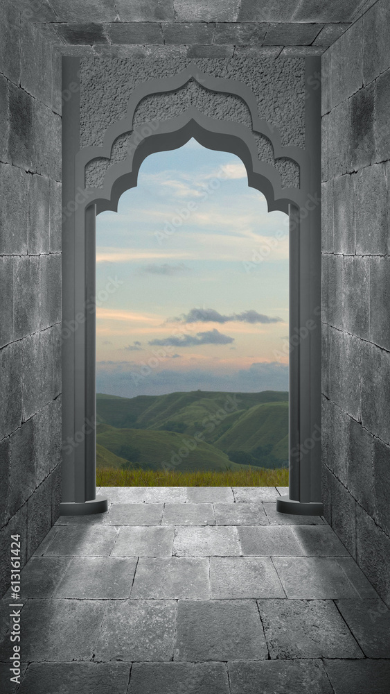 Obraz premium Mosque door arch with landscape view