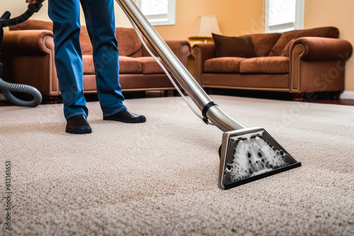Person Cleaning Carpet With Vacuum Cleaner, Closeup. Housework service. Generative AI