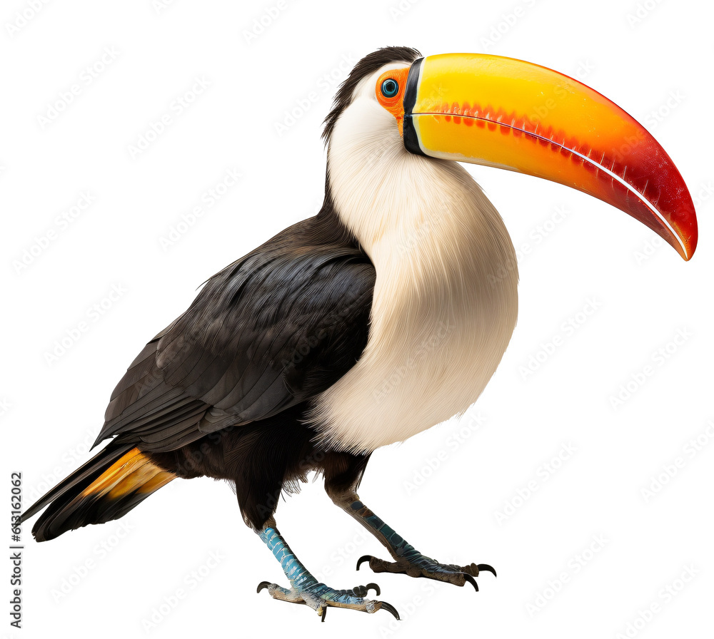 Obraz premium Toucan isolated on the transparent background PNG. Top view. AI generative.