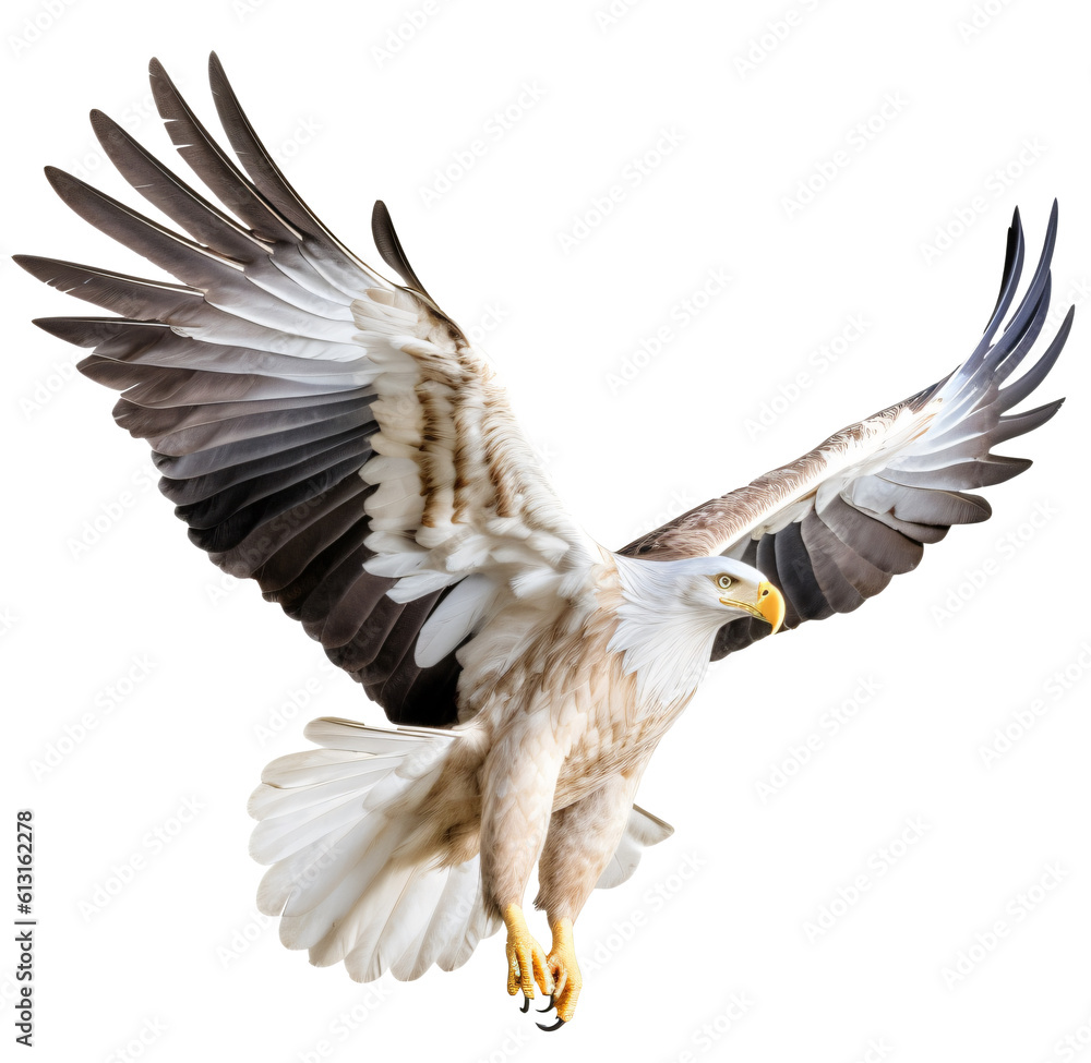 Fototapeta premium Flying eagle isolated on the transparent background PNG. Top view. AI generative.