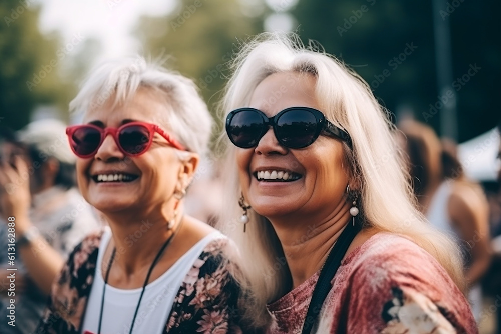 Two mature woman enjoying a concert in summer Two mature woman enjoying a concert in summer