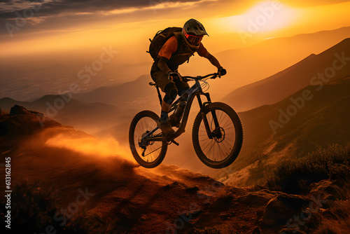 silhouette of a cyclist on a sunset background ai generated