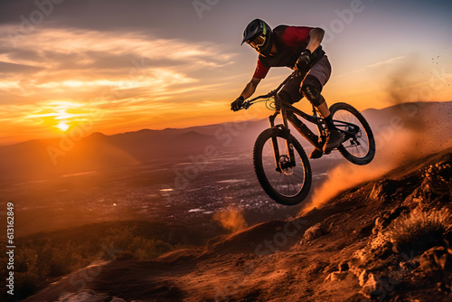 mountain bike rider at sunset with copy space ai generated art