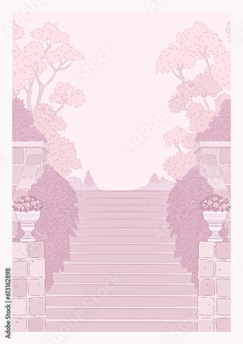 Vector park or old mansion garden background. Hand drawn elegant stairs. Pink background for wedding card, poster, cover, banner