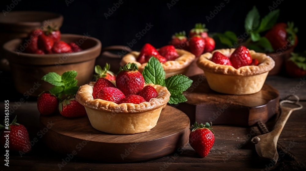 Strawberry shortcake pies on rustic wooden. Generative AI