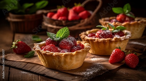 Strawberry shortcake pies on rustic wooden. Generative AI