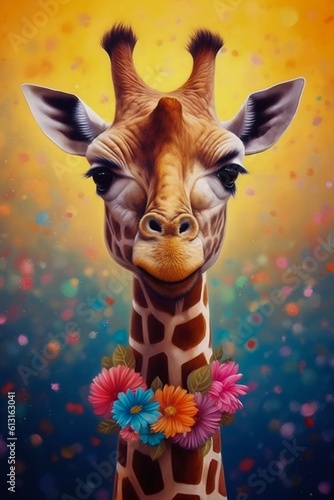 Giraffe with Flowers on a Colorful Background. Generative ai