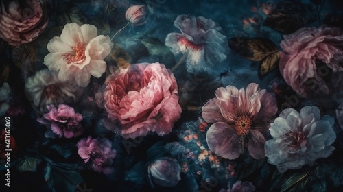 Painted flowers on dark background. Generative AI © Kateryna Kordubailo
