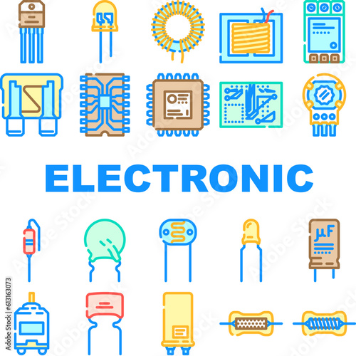 component electronic chip icons set vector. microchip circuit, hardware engineering, part processor, technology electrical component electronic chip color line illustrations