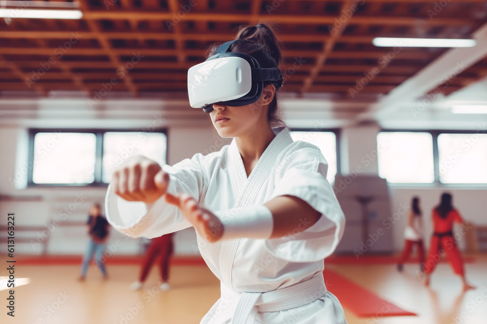 Karate girl in virtual 3D glasses. Immersive experiences in sport. Generative AI Stock