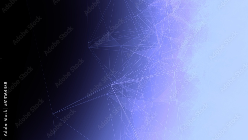 Purple blue gradient wallpaper banner background. Fantasy abstract technology, engineering and science backdrop with particles and plexus connected lines. Wireframe 3D illustration and copy space