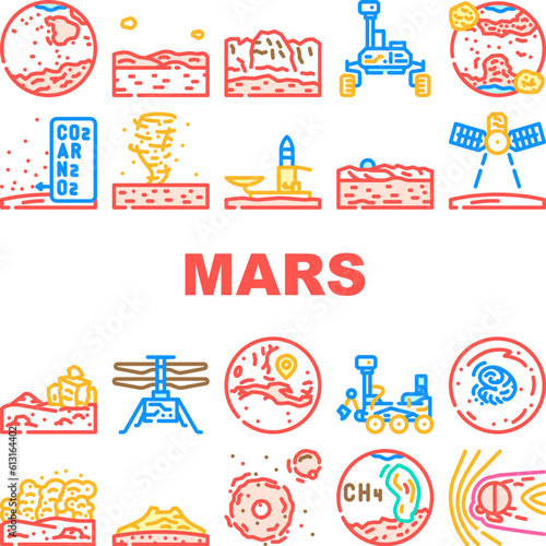 mars planet science space cosmos icons set vector. universe mars, galaxy astronomy, star sky, surface exploration, landscape red cosmic mars planet science space cosmos color line illustrations