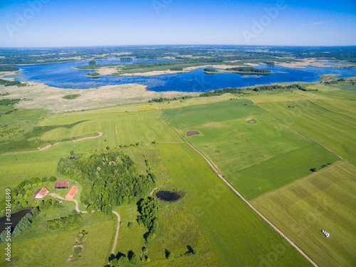 Aerial view of beautiful landscape of Seven Island Lake Nature Reserve, Oswin Lake, Mazury region, Poland photo