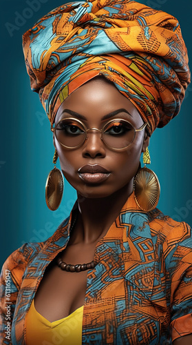 Portrait of an African American woman in a turban with African print. Generative AI