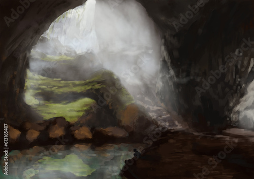 little lake inside rocky cave with misty fog