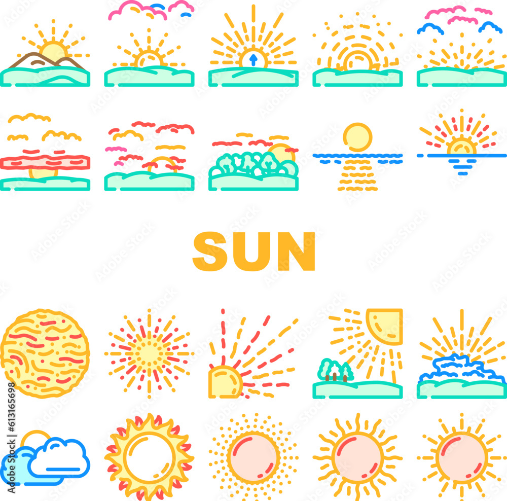 sun summer sunlight light icons set vector. sunshine element, sunrise weather, sunny heat, hot bright, shine warm, nature sun summer sunlight light color line illustrations
