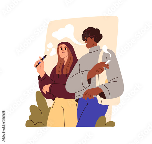 Couple walking at the street and smoking. Young man and woman with cigarette and e cig, talking each other. Nicotine-addicted people, smokers friends. Flat vector illustration isolated on white