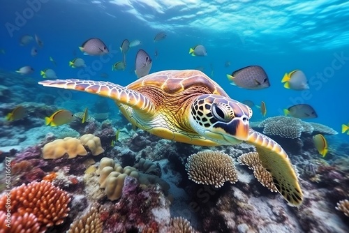 A turtle swimming with a group of colorful fish in an underwater scene, Generative Ai © Yasir