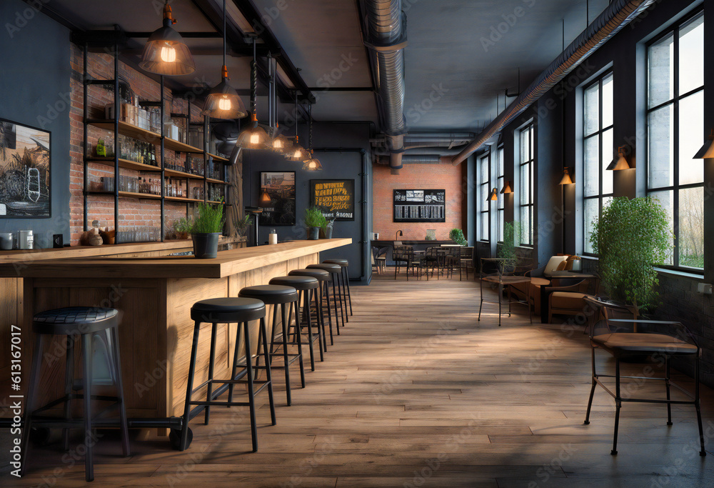 bar interior with grey wooden floors