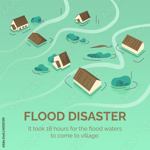 Top view of the flooded settlement. Flat vector illustration.
