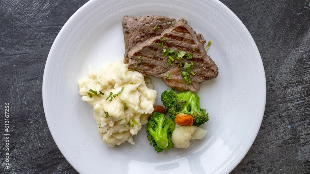 Rotating Plate of Steak, Mashed Potatoes and Vegetable