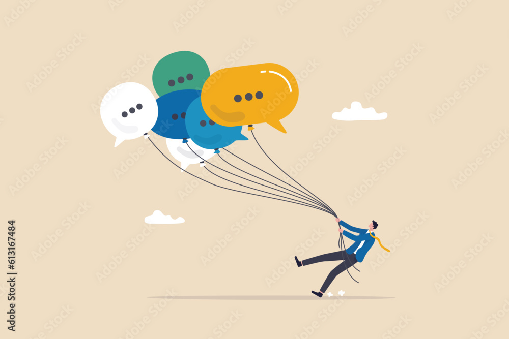 Communication management, PR public relation, handle public comment or social criticism, meeting summary or discussion talk, conversation or dialog concept, businessman manage speech bubble balloons. - obrazy, fototapety, plakaty 