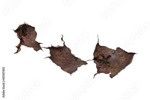 Many rusty, old and dirty local steel surfaces with white background.