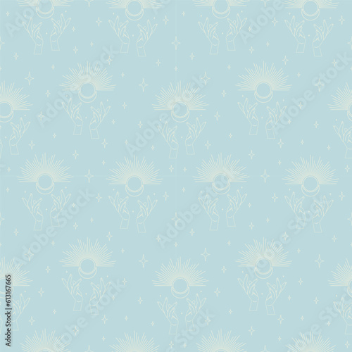 Blue seamless vector pattern of astrology mystic elements. Outer space