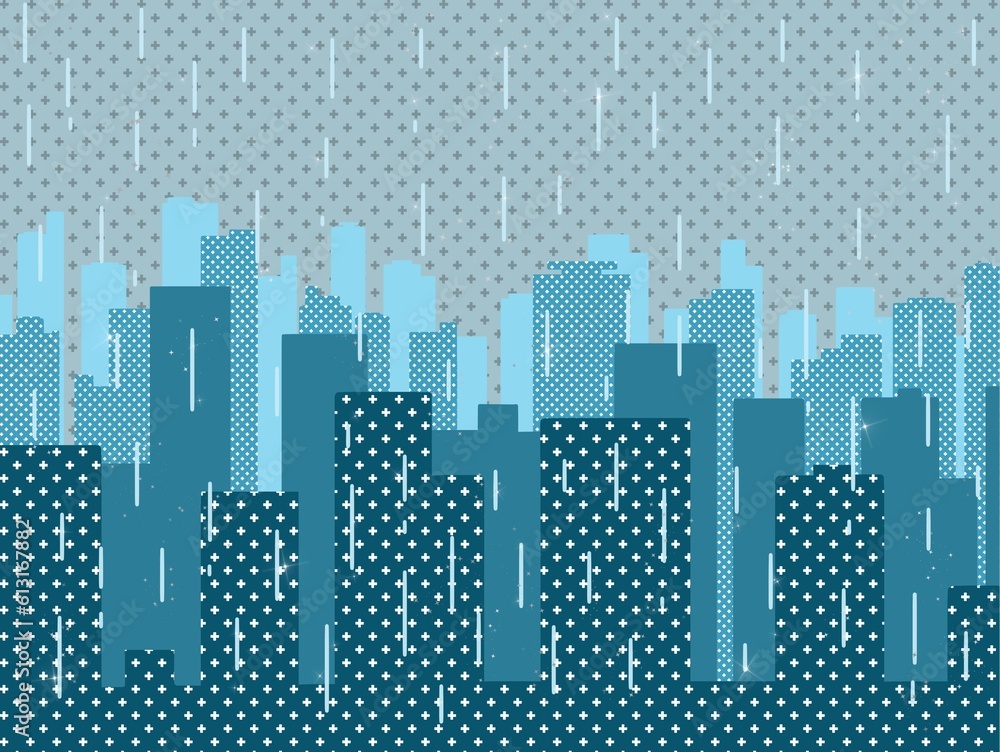 Illustration material: A city lined with skyscrapers on a rainy day that can be used as a background（cross pattern）