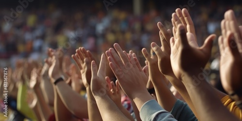 Hundreds of Human Hands Raised in Cheers in Sunlit Stadium Generative AI