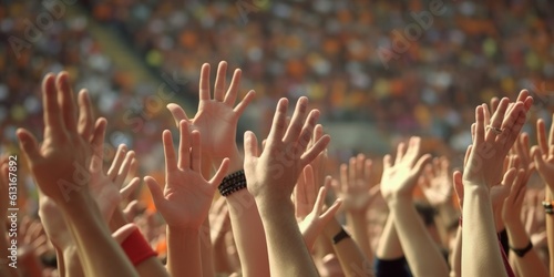Hundreds of Human Hands Raised in Cheers in Sunlit Stadium Generative AI © Ecleposs