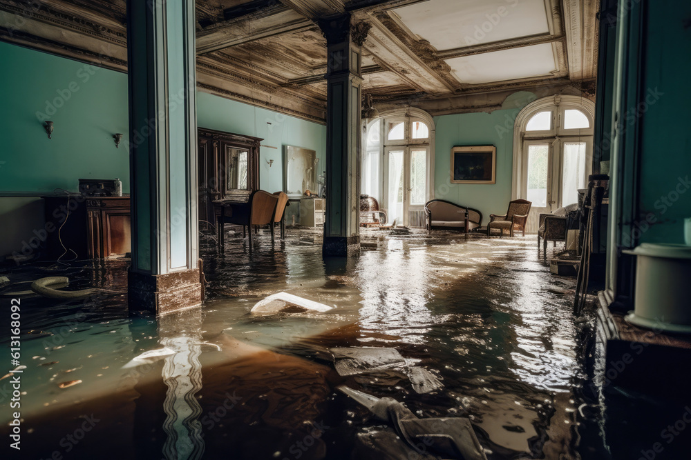 Aftermath of a flood inside a house, flood damaged furniture and house furnishings, generative ai