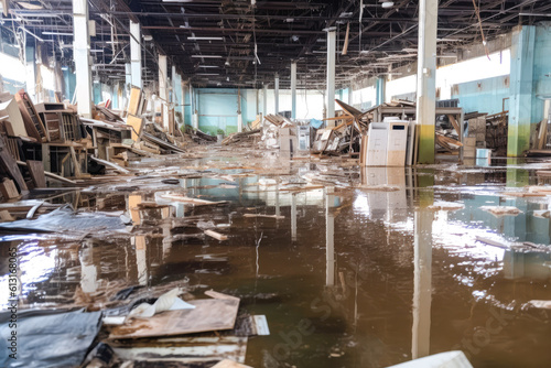 Aftermath of a flood inside a factory  water damaged machinery. Generative AI