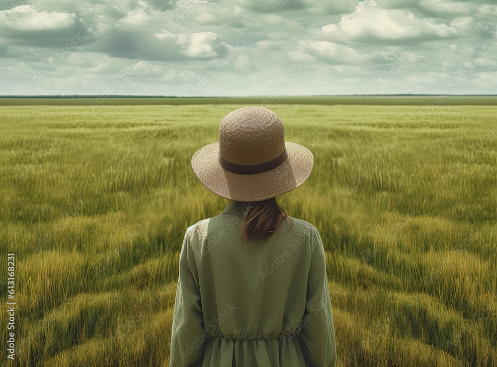 woman traveler with backpack holding hat and looking at amazing mountains and forest, wanderlust travel concept, space for text, atmospheric epic moment. Created with Generative AI technology. woman traveler with backpack holding hat and looking at amazing mountains and forest, wanderlust travel concept, space for text, atmospheric epic moment. Created with Generative AI technology.
