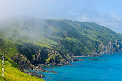 Sea Fret over Cliffs, Start Point Lighthouse, Trinity House and South West Coast Path, Devon, England