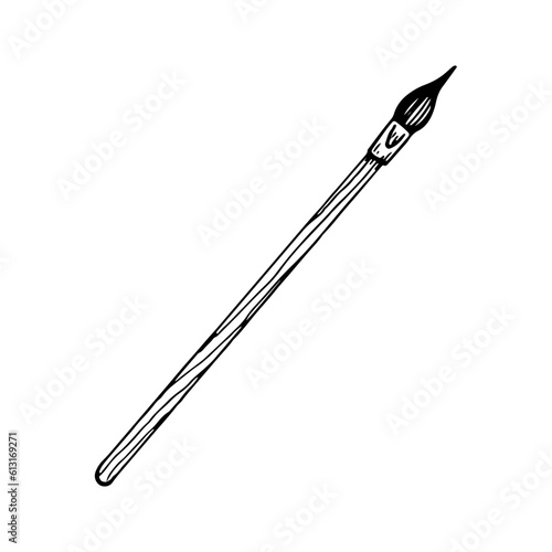 Paint brush sketch. Artist tool brush on wooden handle line art. Hand drawn doodle vector illustration.