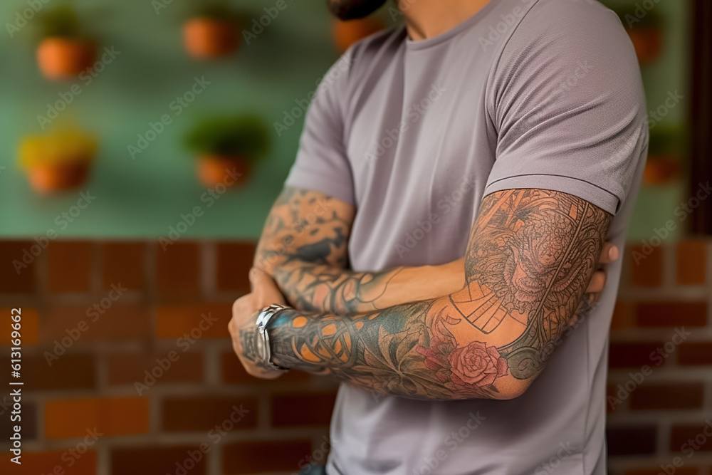 A man with tattoos on his arms. Generative AI A man with tattoos on his arms. Generative AI