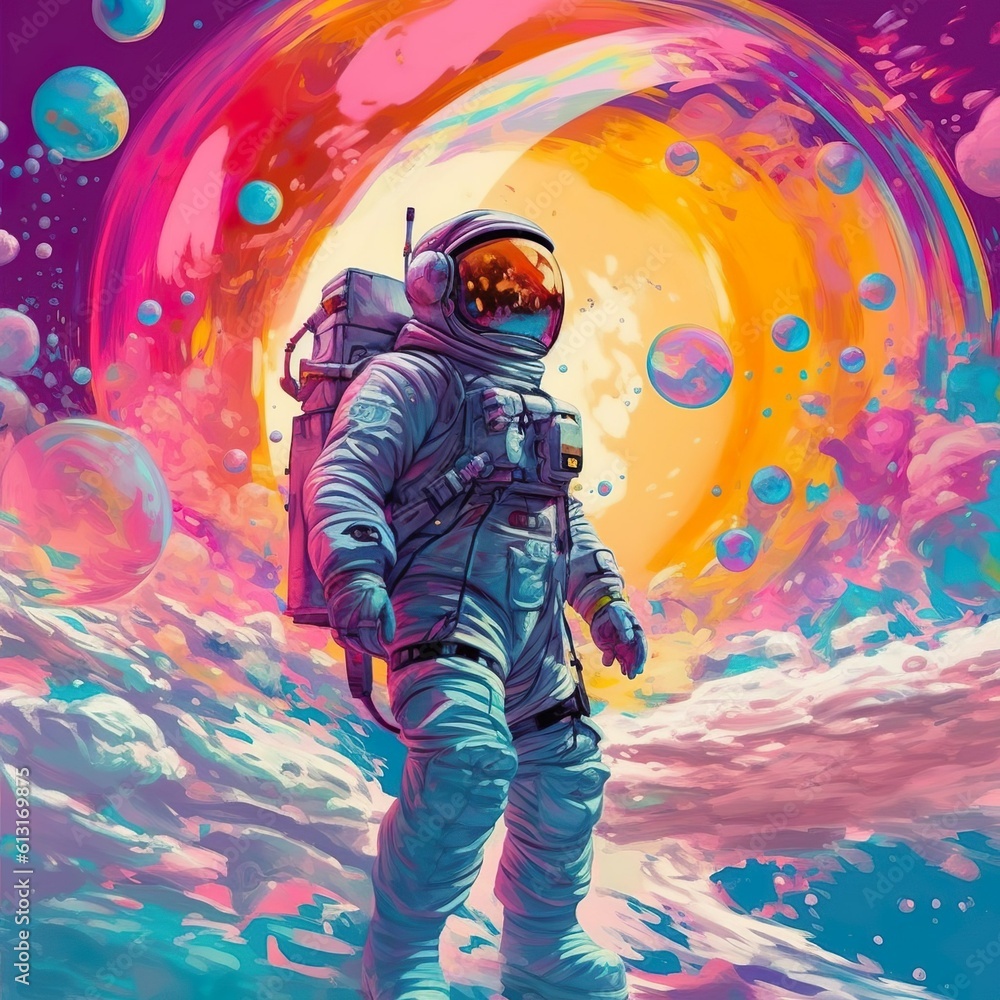 Beautiful painting of an astronaut in in a colorful bubbles galaxy on a different planet. Generative AI. Pop art concept Beautiful painting of an astronaut in in a colorful bubbles galaxy on a different planet. Generative AI. Pop art concept
