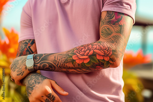 A man with tattoos on his arms. Generative AI