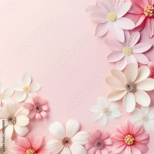 Mother's day, womens's day background, pink and white flowers , flat lay, pink pastel background.